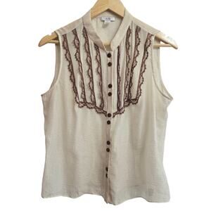 Cache Women Silk Metallic Sheer Lace Button Top L Boho Western Prairie Victorian